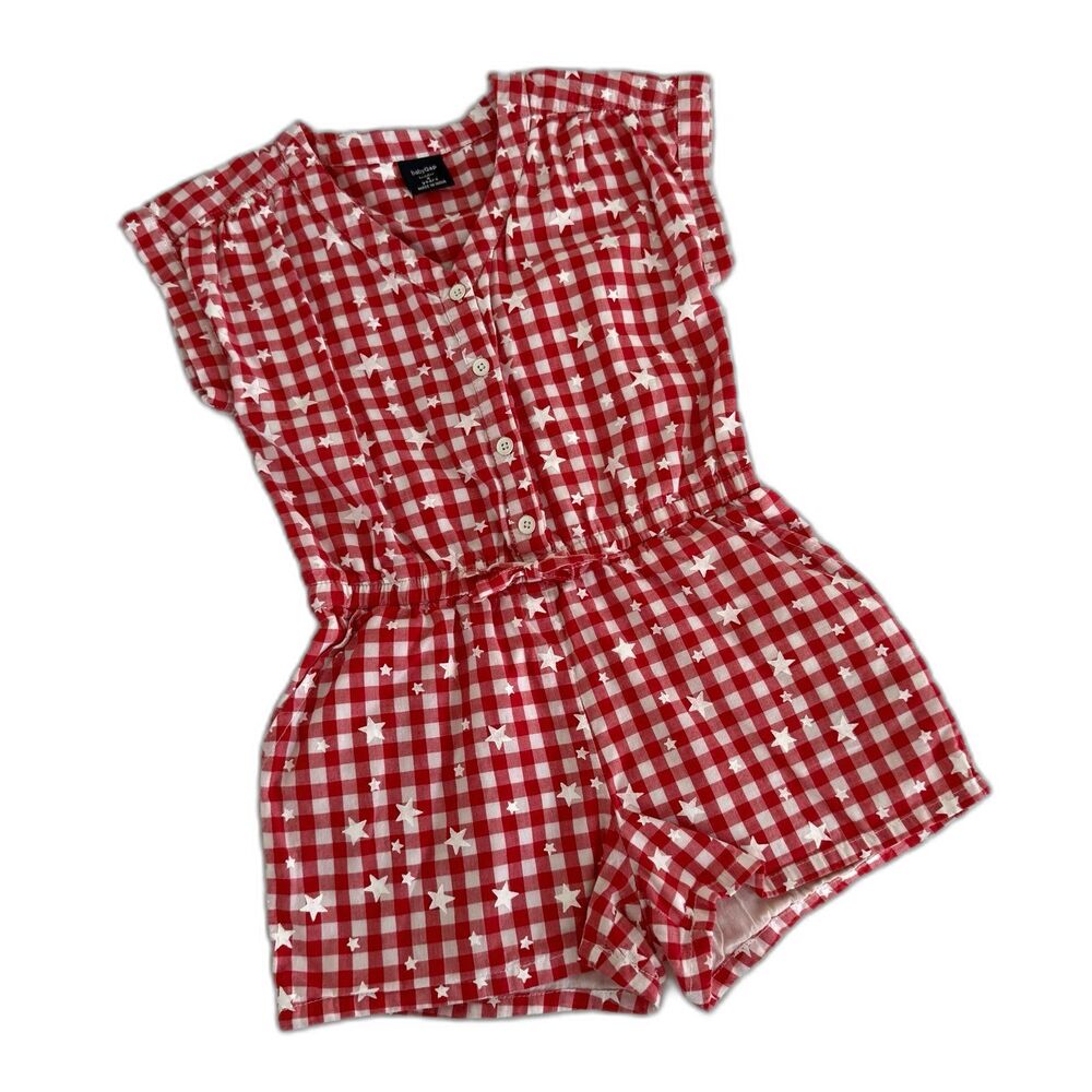 BabyGap Girls 4 Red Checked Star Print Patriotic Short Romper 100% Cotton